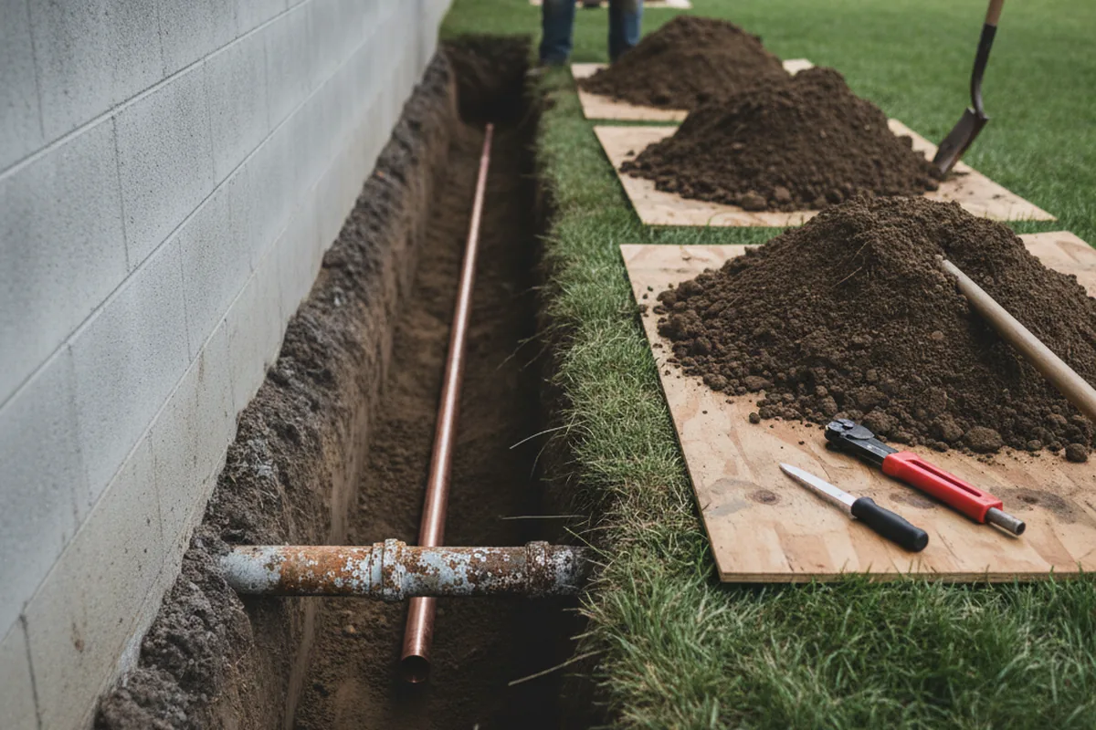 Excavated water line trench during Water Heater Repair in Royalton